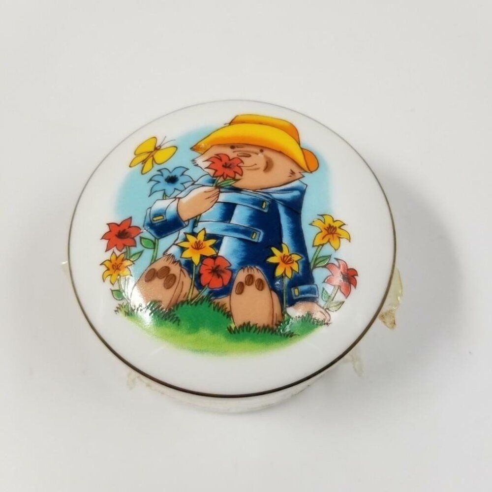 Vintage Paddington Bear Childs Round Covered Jewelry Trinket Box 1981 Japan